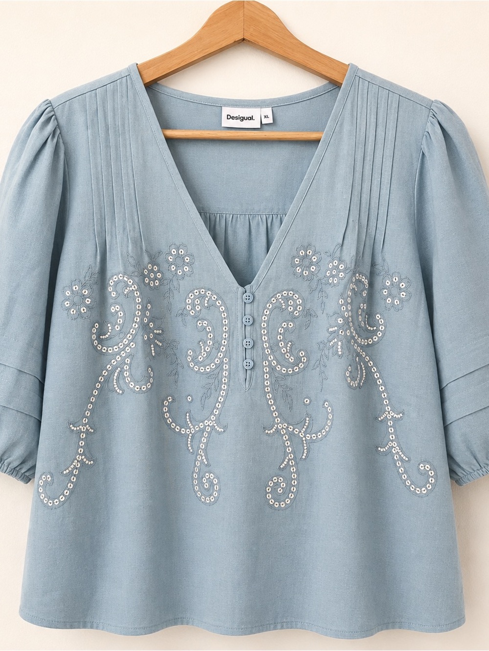 Desigual Powder Blue Embellished V‑Neck Blouse